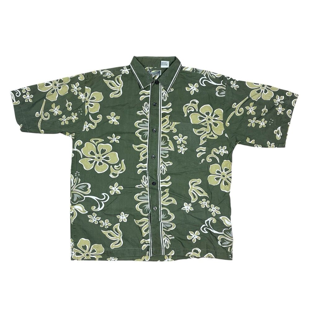 Plugg Men Shirt XL Green Floral Print Short Sleeve Hawaiian Aloha Button Front